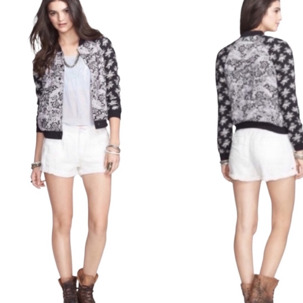 Free People Monochrome Floral Bomber Jacket